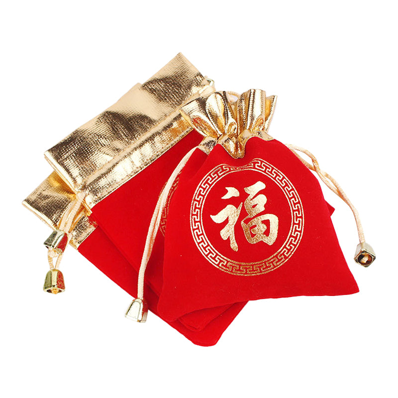 ถุงกำมะหยี่ สีแดง ขอบสีทอง เชือกหูรูด พิมพ์ลายอักษรจีน “พร”