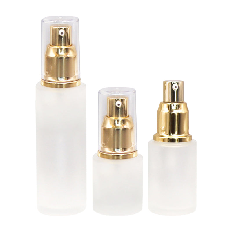 ขวดแก้วสีขุ่น หัวปั๊มพลาสติก สีเงิน/สีทอง ขนาด 12-100 ml.