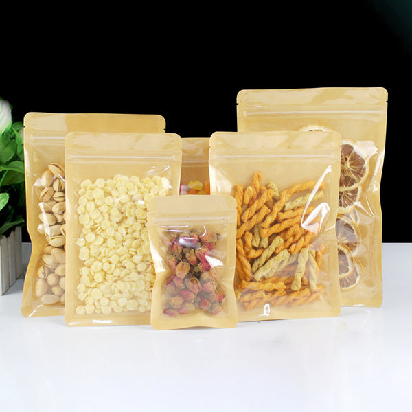 ถุงซิปล็อค ด้านหน้าใส ด้านหลังคราฟท์ น้ำตาล ก้นแบน ตั้งไม่ได้