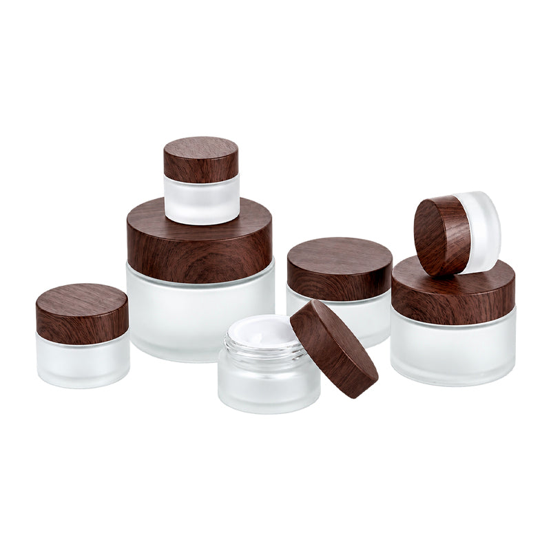 กระปุกครีมแก้ว ผิวขุ่น ฝาลายไม้เข้ม ขนาด 5-100 g.