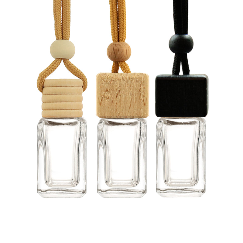 ขวดแก้วน้ำหอม รถยนต์ ทรงสี่เหลี่ยม แบบแขวน ฝาไม้ ขนาด 10 ml.
