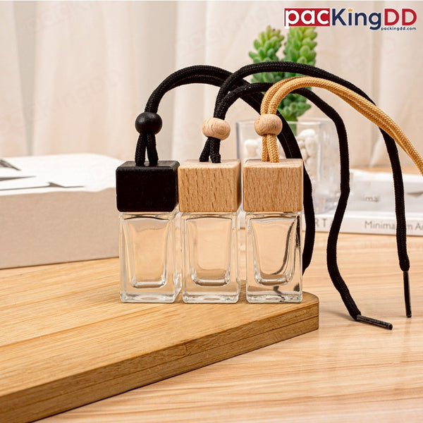 ขวดแก้วน้ำหอม รถยนต์ ทรงสี่เหลี่ยม แบบแขวน ฝาไม้ ขนาด 10 ml.