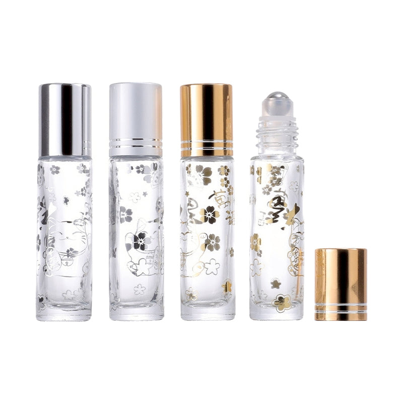 ขวดแก้วใส ลูกกลิ้ง ลายแมวกวัก ฝาสีทอง/สีเงิน ขนาด 10 ml.