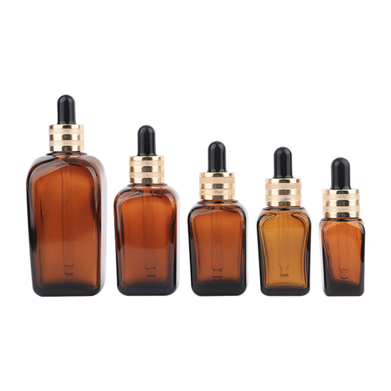 ขวดแก้ว ดรอปเปอร์ สีชา ทรงเหลี่ยม ฝาสีทอง จุกบีบสีดำ ขนาด 10, 15, 20, 30, 50, 100 ml.